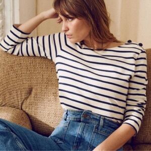 Sezane Colette Mariniere Nautical Navy Ivory Stripe Top, S